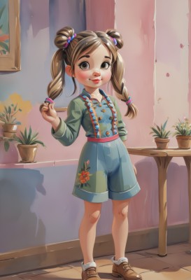 1girl,solo,long hair,looking at viewer,blush,smile,brown hair,shirt,hair ornament,long sleeves,twintails,brown eyes,standing,full body,braid,shoes,shorts,socks,indoors,hair bun,twin braids,lips,double bun,buttons,shadow,brown footwear,floral print,suspenders,plant,white socks,child,blue shorts,green shirt,red lips,female child,potted plant,overalls,holding hair,hair twirling,suspender shorts,playing with own hair,bangs,dress,holding,closed mouth,flower,hand up,table,arm behind back,holding flower