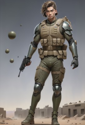 1girl,solo,looking at viewer,short hair,brown hair,gloves,1boy,holding,brown eyes,standing,full body,weapon,male focus,boots,fingerless gloves,holding weapon,armor,vest,lips,gun,military,shoulder armor,holding gun,handgun,science fiction,pouch,realistic,knee pads,load bearing vest,bulletproof vest,body armor,rifle,shoulder pads