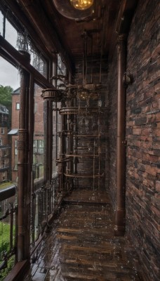 outdoors,sky,day,signature,tree,dutch angle,no humans,window,grass,plant,building,scenery,rain,stairs,railing,road,architecture,bridge,lamppost,railroad tracks,cloud,indoors,door,lamp,brick wall,pavement