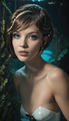 1girl,solo,breasts,looking at viewer,short hair,blue eyes,brown hair,hair ornament,cleavage,bare shoulders,collarbone,upper body,hairband,small breasts,parted lips,teeth,blurry,lips,eyelashes,strapless,leaf,plant,freckles,underwater,realistic,nose,bangs,black hair,dress,jewelry,earrings,makeup,watermark,nature,web address