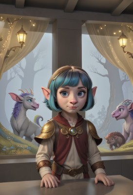 1girl,solo,looking at viewer,smile,short hair,blue eyes,jewelry,closed mouth,green eyes,blue hair,hairband,pointy ears,belt,indoors,armor,tree,window,table,curtains,freckles,lamp,yordle,long sleeves,flower,lips,animal,shoulder armor,realistic,nose