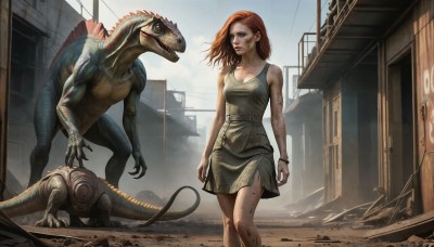 HQ,1girl,solo,long hair,breasts,blue eyes,brown hair,dress,cleavage,bare shoulders,jewelry,medium breasts,closed mouth,standing,collarbone,tail,red hair,earrings,small breasts,outdoors,sky,teeth,sleeveless,day,orange hair,bracelet,lips,tattoo,sharp teeth,building,claws,walking,green dress,monster,city,realistic,dragon,scales,ruins,power lines,dirty,dinosaur,kaijuu,skirt,torn clothes,tank top,damaged,dirty face,dust