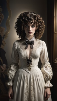 1girl,solo,long hair,breasts,looking at viewer,brown hair,black hair,long sleeves,dress,bow,cleavage,brown eyes,medium breasts,standing,small breasts,parted lips,puffy sleeves,bowtie,white dress,black eyes,lips,black bow,drill hair,curly hair,black bowtie,mirror,realistic,nose,big hair,afro,short hair,bangs,closed mouth,frills,cleavage cutout,corset,lolita fashion,straight-on