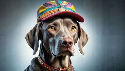 HQ,solo,hat,closed mouth,yellow eyes,grey background,collar,no humans,animal,looking up,portrait,dog,realistic,animal focus,whiskers,clothed animal,multicolored headwear,looking at viewer,simple background,baseball cap,rabbit,print headwear