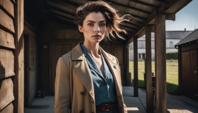 1girl,solo,looking at viewer,short hair,brown hair,shirt,brown eyes,jewelry,standing,collarbone,jacket,upper body,outdoors,parted lips,open clothes,day,belt,necklace,lips,coat,buttons,floating hair,blue shirt,wind,building,buckle,brown jacket,belt buckle,realistic,nose,door,road,architecture,house,brown coat,long sleeves,sky,teeth,collared shirt,signature,window