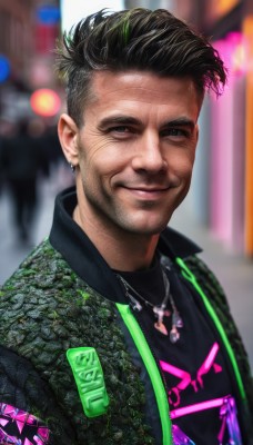 solo,looking at viewer,smile,short hair,shirt,black hair,1boy,jewelry,closed mouth,jacket,upper body,male focus,earrings,open clothes,necklace,blurry,black eyes,open jacket,black jacket,black shirt,blurry background,facial hair,piercing,beard,green jacket,realistic,undercut,print shirt,multicolored hair,outdoors,green hair,artist name,signature,grey eyes