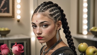 1girl,solo,long hair,looking at viewer,black hair,dress,brown eyes,jewelry,braid,flower,earrings,food,indoors,dark skin,necklace,blurry,twin braids,dark-skinned female,lips,makeup,fruit,depth of field,blurry background,rose,facial mark,lipstick,portrait,freckles,realistic,nose,apple,red lips,multiple braids,pink flower,forehead mark,pink rose,vase