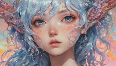 1girl,solo,long hair,looking at viewer,bangs,blue eyes,hair ornament,jewelry,blue hair,earrings,parted lips,teeth,pointy ears,mole,lips,eyelashes,head wings,gem,portrait,close-up,freckles,realistic,nose,shiny,shiny hair,wavy hair,monster girl,curly hair,head fins,fins