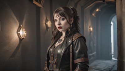 1girl,solo,long hair,breasts,looking at viewer,bangs,brown hair,black hair,cleavage,brown eyes,jewelry,medium breasts,jacket,upper body,open clothes,indoors,necklace,hair bun,open jacket,lips,black jacket,makeup,lipstick,pendant,red lips,leather,leather jacket,shirt,earrings,parted lips,blurry,single hair bun,suspenders,cross,realistic,nose,arch