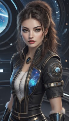 1girl,solo,long hair,breasts,looking at viewer,brown hair,gloves,brown eyes,jewelry,medium breasts,jacket,upper body,ponytail,short sleeves,earrings,belt,necklace,lips,fur trim,eyelashes,makeup,lipstick,eyeshadow,hoop earrings,realistic,nose,red lips,eyeliner,space,planet,shirt,cleavage,artist name,mole,black jacket,forehead