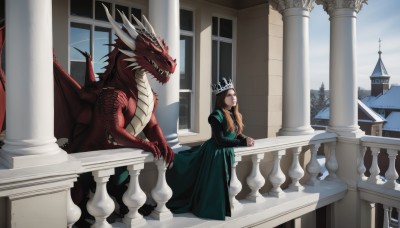 1girl,solo,long hair,blonde hair,brown hair,long sleeves,dress,jewelry,outdoors,wings,sky,day,window,tiara,crown,green dress,dragon,long dress,railing,pillar,castle,princess,balcony,stairs,architecture,column