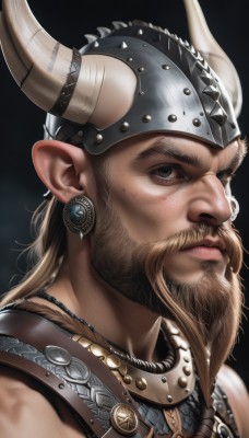 solo,long hair,looking at viewer,blonde hair,simple background,brown hair,1boy,brown eyes,jewelry,closed mouth,male focus,earrings,horns,pointy ears,necklace,armor,black eyes,facial hair,helmet,black background,portrait,beard,realistic,mustache,fake horns,horned helmet,upper body,serious,manly