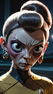 1girl,solo,looking at viewer,short hair,brown hair,black hair,jewelry,green eyes,upper body,earrings,teeth,pointy ears,dark skin,hair bun,dark-skinned female,lips,eyelashes,blood,makeup,scar,facial mark,single hair bun,lipstick,portrait,angry,forehead,veins,injury,nose,red lips,biting,hair pulled back,lip biting,dirty face,bodysuit,backlighting,realistic,female child,facepaint,dirty