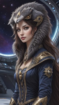 1girl,solo,long hair,breasts,looking at viewer,brown hair,long sleeves,cleavage,brown eyes,jewelry,medium breasts,very long hair,closed mouth,upper body,earrings,sky,lips,fur trim,eyelashes,makeup,night,gauntlets,star (sky),starry sky,realistic,nose,space,pelt,dress,parted lips,artist name,signature,hood,necklace,blue dress,lipstick,gem,night sky,eyeshadow,freckles,headpiece,red lips