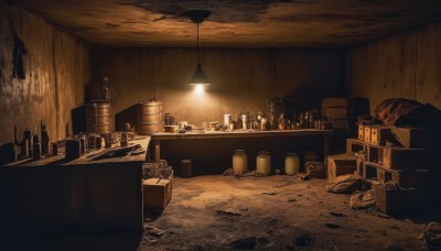 indoors,cup,no humans,chair,table,bottle,scenery,alcohol,drinking glass,light,lamp,wine glass,stool,shelf,wine bottle,bar (place),barrel,crate,dark,jar,still life,ceiling light,cabinet