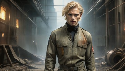 HQ,solo,looking at viewer,short hair,blue eyes,blonde hair,1boy,jacket,upper body,male focus,belt,uniform,lips,military,military uniform,turtleneck,fire,ground vehicle,building,motor vehicle,science fiction,injury,realistic,military vehicle,ruins,dirty,damaged,dirty face,1girl,zipper,serious,emblem,leather,leather jacket