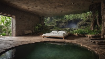 outdoors,lying,day,indoors,water,tree,no humans,plant,nature,scenery,forest,ruins,moss,overgrown,window,bed