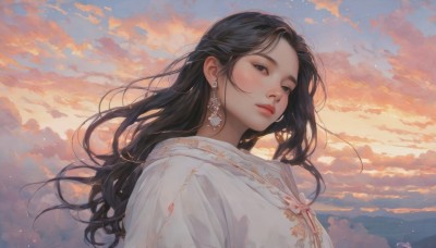 1girl,solo,long hair,looking at viewer,shirt,black hair,brown eyes,jewelry,white shirt,upper body,earrings,outdoors,parted lips,sky,cloud,signature,black eyes,lips,floating hair,cloudy sky,wind,sunset,robe,realistic,red lips,bangs,dress,closed mouth,white dress,chinese clothes,nose