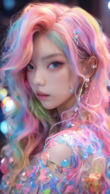 1girl,solo,long hair,looking at viewer,bangs,blue eyes,hair ornament,jewelry,closed mouth,blue hair,upper body,pink hair,multicolored hair,earrings,artist name,mole,blurry,from side,lips,streaked hair,eyelashes,makeup,depth of field,blurry background,wavy hair,piercing,gem,ear piercing,portrait,eyeshadow,pink lips,realistic,nose,colorful,mascara,blonde hair,green hair,hairclip,two-tone hair,gradient hair,watermark,lipstick,bokeh,pearl (gemstone),rainbow hair