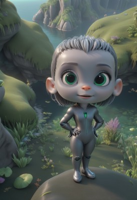 1girl,solo,looking at viewer,smile,short hair,open mouth,gloves,jewelry,green eyes,standing,full body,grey hair,outdoors,parted lips,water,necklace,flat chest,bodysuit,colored skin,leaf,grass,plant,nature,forehead,pendant,hands on hips,joints,mushroom,grey footwear,lily pad,grey bodysuit,black hair,flower,teeth,artist name,tree,forest,rock,black bodysuit,pond