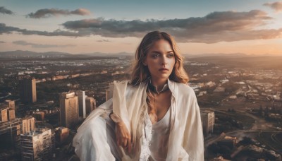 1girl,solo,long hair,breasts,looking at viewer,brown hair,dress,cleavage,brown eyes,jewelry,medium breasts,sitting,outdoors,sky,choker,cloud,necklace,white dress,lips,looking to the side,tattoo,cloudy sky,building,scenery,sunset,city,realistic,cityscape,blonde hair