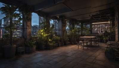 outdoors,sky,day,cloud,indoors,tree,blue sky,no humans,window,night,chair,table,plant,building,scenery,city,potted plant,cityscape,skyscraper,bottle,tiles,tile floor,stool