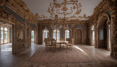 day,indoors,tree,no humans,window,shadow,chair,table,sunlight,plant,scenery,light rays,wooden floor,stairs,door,light,architecture,pillar,carpet,arch,chandelier,column,wooden chair,sky,painting (object),reflective floor