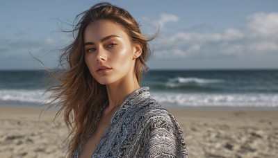 1girl,solo,long hair,looking at viewer,brown hair,brown eyes,upper body,outdoors,parted lips,open clothes,sky,day,cloud,water,blurry,blue sky,lips,dutch angle,floating hair,depth of field,blurry background,ocean,beach,wind,messy hair,portrait,realistic,nose,sand,jewelry,japanese clothes,kimono,necklace,thick eyebrows,cloudy sky,horizon,photo background,shore