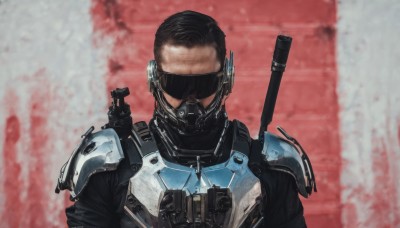 solo,brown hair,black hair,1boy,upper body,weapon,male focus,armor,gun,mask,shoulder armor,rifle,science fiction,realistic,weapon on back,bulletproof vest,sunglasses,helmet,facing viewer,headset