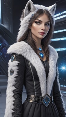 1girl,solo,long hair,looking at viewer,brown hair,long sleeves,dress,animal ears,brown eyes,jewelry,closed mouth,earrings,belt,indoors,hood,necklace,black dress,lips,coat,fur trim,makeup,fake animal ears,lipstick,brooch,gem,pendant,zipper,animal hood,realistic,nose,winter clothes,upper body,wolf ears,hood up,freckles