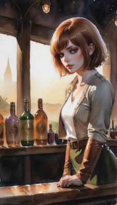 1girl,solo,breasts,looking at viewer,short hair,bangs,skirt,brown hair,shirt,long sleeves,cleavage,brown eyes,medium breasts,standing,jacket,white shirt,parted lips,open clothes,collared shirt,belt,artist name,indoors,nail polish,cup,lips,eyelashes,window,makeup,buttons,bob cut,bottle,lipstick,green skirt,red nails,alcohol,drinking glass,freckles,nose,unbuttoned,red lips,glass,wine bottle,mascara,counter,whiskey,blush,closed mouth,collarbone,day,fingernails,dress shirt,table,buckle,sleeves rolled up,backlighting,realistic,brown belt,bar (place)