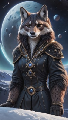 1girl,solo,breasts,looking at viewer,long sleeves,animal ears,brown eyes,jewelry,standing,yellow eyes,cowboy shot,outdoors,sky,belt,artist name,signature,necklace,armor,black dress,bracelet,night,animal,moon,brooch,shoulder armor,gem,star (sky),night sky,furry,snow,full moon,starry sky,pauldrons,mountain,furry female,arms at sides,space,body fur,animal focus,white fur,planet,wolf,earth (planet),black fur,fluffy,closed mouth,no humans,shooting star