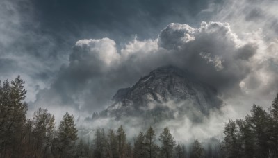 outdoors,sky,day,cloud,tree,no humans,sunlight,cloudy sky,nature,scenery,forest,light rays,mountain,sunbeam,landscape,fog,monochrome