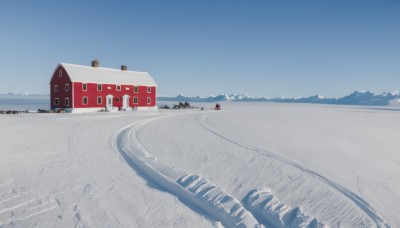 outdoors,sky,day,tree,blue sky,no humans,grass,ground vehicle,scenery,motor vehicle,snow,mountain,road,wide shot,winter,multiple others,footprints,truck,water,ocean,beach,sand,horizon,ambiguous gender