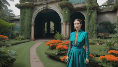 1girl,solo,long hair,looking at viewer,black hair,hair ornament,long sleeves,dress,jewelry,standing,flower,earrings,outdoors,day,black eyes,tree,lips,blue dress,grass,plant,scenery,pillar,orange flower,garden,sash,makeup,lipstick,red lips,bush