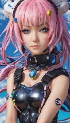 1girl,solo,long hair,breasts,looking at viewer,blue eyes,hair ornament,bare shoulders,twintails,upper body,pink hair,small breasts,sky,day,cloud,collar,lips,realistic,nose,android,bangs,animal ears,cleavage,jewelry,medium breasts,closed mouth,necklace,blue sky,eyelashes,tattoo,fake animal ears,headphones,pendant,zipper,shiny clothes