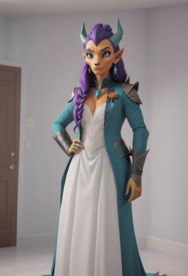 1girl,solo,long hair,breasts,looking at viewer,smile,blue eyes,long sleeves,dress,cleavage,jewelry,medium breasts,closed mouth,standing,purple hair,braid,flower,earrings,small breasts,horns,pointy ears,artist name,indoors,dark skin,necklace,white dress,armor,aqua eyes,dark-skinned female,hand on hip,single braid,watermark,shoulder armor,hair over shoulder,door,long dress,single pauldron,open clothes,colored sclera