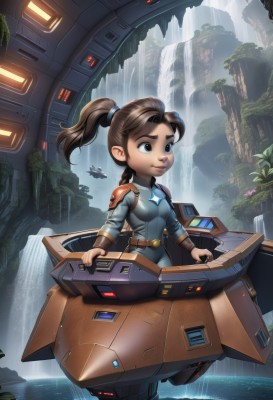 1girl,solo,long hair,breasts,smile,brown hair,brown eyes,medium breasts,closed mouth,ponytail,flower,small breasts,outdoors,belt,water,chibi,armor,lips,bodysuit,plant,robot,mecha,science fiction,short ponytail,waterfall,blue bodysuit,spacecraft,aged down,child,aircraft,nose