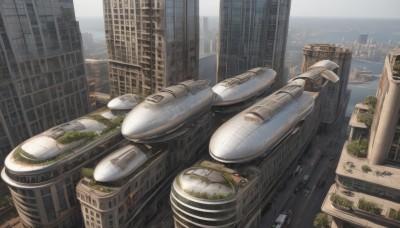 outdoors,sky,day,cloud,water,tree,no humans,ground vehicle,building,scenery,motor vehicle,science fiction,city,aircraft,car,road,cityscape,ruins,skyscraper,spacecraft,from above,vehicle focus,river