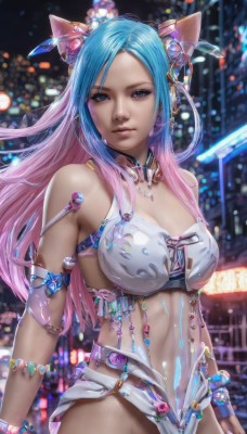 1girl,solo,long hair,breasts,looking at viewer,bangs,blue eyes,large breasts,hair ornament,navel,animal ears,cleavage,bare shoulders,jewelry,medium breasts,blue hair,pink hair,multicolored hair,earrings,parted lips,choker,midriff,cat ears,necklace,blurry,bracelet,two-tone hair,lips,gradient hair,blurry background,piercing,revealing clothes,armlet,realistic,nose,swimsuit,bikini,fake animal ears,science fiction