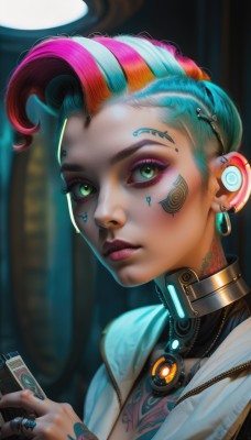 1girl,solo,breasts,looking at viewer,short hair,holding,cleavage,jewelry,closed mouth,green eyes,blue hair,jacket,upper body,pink hair,red hair,multicolored hair,earrings,nail polish,orange hair,blurry,collar,two-tone hair,lips,eyelashes,aqua hair,tattoo,makeup,blurry background,facial mark,piercing,ring,lipstick,ear piercing,portrait,eyeshadow,science fiction,asymmetrical hair,nose,eyeliner,facial tattoo,cyborg,mascara,cyberpunk,neck tattoo,comb,green hair,artist name,necklace,watermark,web address,rainbow hair