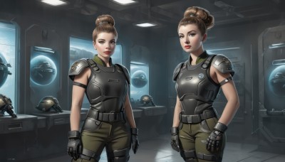 looking at viewer,short hair,multiple girls,brown hair,gloves,2girls,brown eyes,jewelry,closed mouth,standing,weapon,cowboy shot,earrings,sleeveless,black gloves,belt,pants,indoors,hair bun,armor,uniform,lips,military,military uniform,makeup,siblings,single hair bun,helmet,robot,shoulder armor,science fiction,pauldrons,breastplate,realistic,shoulder pads,spacecraft,helmet removed,armband,mecha,serious,mother and daughter