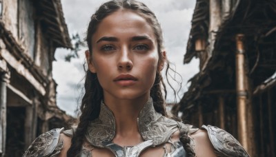 1girl,solo,long hair,looking at viewer,brown hair,black hair,brown eyes,closed mouth,upper body,braid,outdoors,sky,day,cloud,armor,blurry,black eyes,lips,depth of field,blurry background,shoulder armor,building,portrait,forehead,freckles,pauldrons,realistic,grey eyes,cloudy sky,close-up,nose