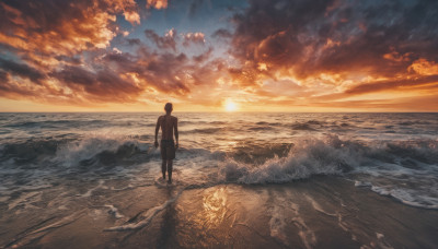 solo, 1boy, male focus, outdoors, sky, cloud, water, from behind, ocean, beach, cloudy sky, scenery, sunset, sand, sun, horizon, waves, footprints