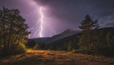 outdoors,sky,cloud,tree,no humans,cloudy sky,grass,nature,scenery,forest,mountain,electricity,road,lightning,landscape,path,purple sky,dark