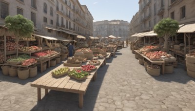 outdoors,food,sky,day,tree,blue sky,no humans,window,fruit,shadow,chair,table,plant,building,scenery,city,basket,road,house,bread,street,meat,vegetable,town,pavement,cloud,apple,potted plant,cityscape,grapes,barrel,crate