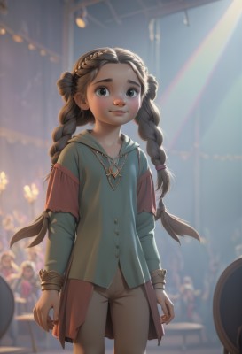 1girl,solo,long hair,looking at viewer,blush,smile,brown hair,shirt,long sleeves,twintails,brown eyes,jewelry,closed mouth,standing,braid,cowboy shot,solo focus,pants,indoors,necklace,blurry,twin braids,flat chest,lips,depth of field,blurry background,sunlight,child,green shirt,arms at sides,female child,brown pants,multiple braids,black hair,dress,artist name,hood,buttons,forehead,light rays