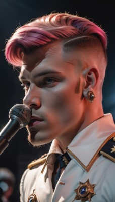 solo,short hair,blue eyes,shirt,1boy,jewelry,jacket,upper body,pink hair,male focus,red hair,multicolored hair,earrings,parted lips,necktie,collared shirt,blurry,uniform,lips,facial hair,white jacket,black background,portrait,microphone,black necktie,freckles,realistic,nose,music,undercut,singing,badge,1girl,artist name,mole,military,military uniform,blurry background,scar,piercing,scar on face,blue necktie,scar across eye,very short hair