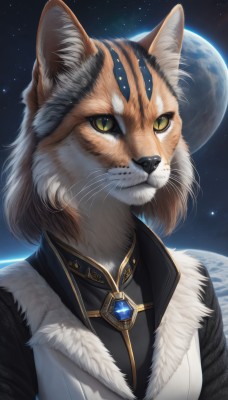 solo,looking at viewer,shirt,animal ears,jewelry,closed mouth,green eyes,yellow eyes,upper body,sky,artist name,cat ears,signature,vest,animal ear fluff,fur trim,black shirt,night,animal,watermark,moon,cat,brooch,gem,star (sky),night sky,furry,full moon,starry sky,furry female,space,body fur,white fur,planet,animal nose,whiskers,1girl,teeth,slit pupils,pendant,colored sclera,realistic