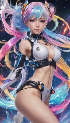 1girl,solo,long hair,breasts,looking at viewer,smile,bangs,blue eyes,blonde hair,large breasts,hair ornament,gloves,navel,cleavage,bare shoulders,twintails,medium breasts,very long hair,underwear,blue hair,panties,pink hair,multicolored hair,cowboy shot,parted lips,elbow gloves,midriff,artist name,two-tone hair,lips,double bun,gradient hair,floating hair,headgear,watermark,revealing clothes,web address,realistic,nose,rainbow hair,swimsuit,bikini,science fiction,space